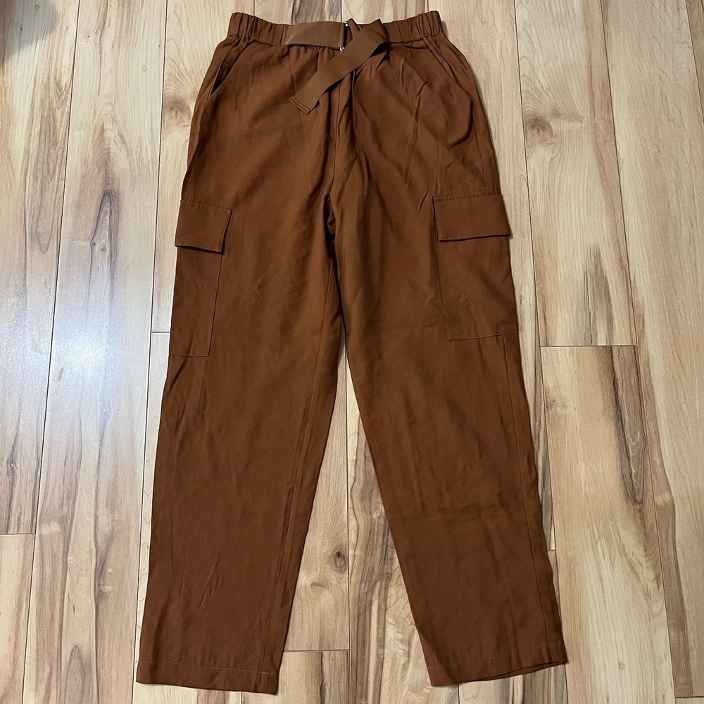 Gilli Women's Silky Belted Cargo Pant Brown Sz S Straight Leg Elastic Waist